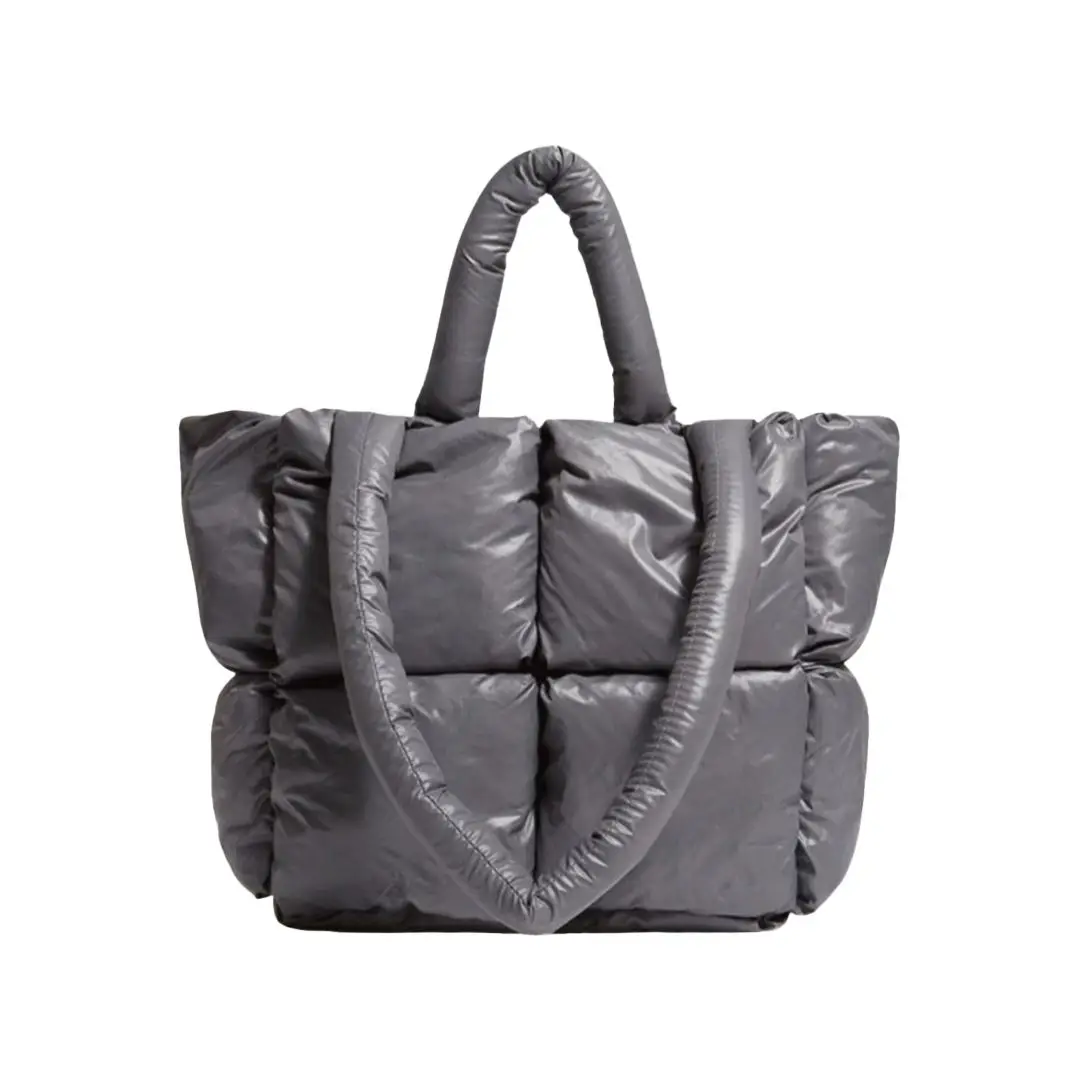 

Silver Puffer Tote Bag for Women Quilted Puffy Handbag Light Winter Down Cotton Padded Shoulder Bag Down Padding Tote Bag