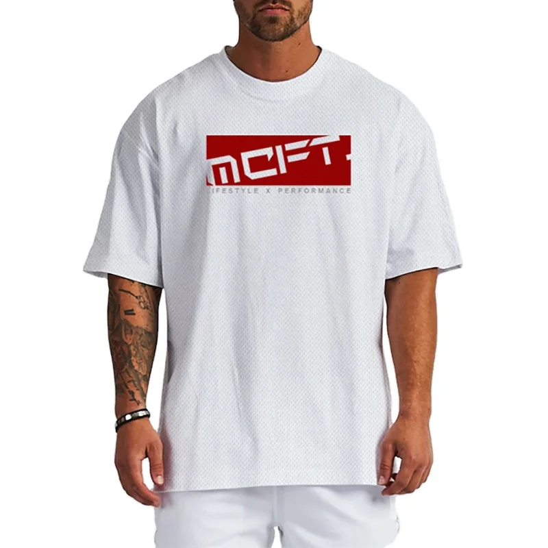 Custom Logo Oversized Loose Half Sleeve T-Shirt Mesh Quick Dry Mens Hip Hop Streetwear Gym Fitness Workout Bodybuilding Tee Tops