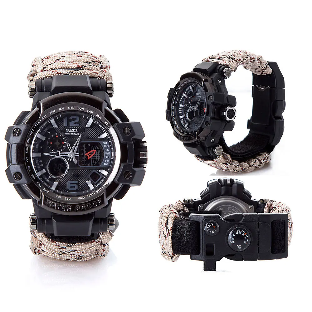 

Multifunctional Outdoor Gear Emergency Survival Bracelet Watch with Whistle Fire Starter Scraper Compass Thermometer