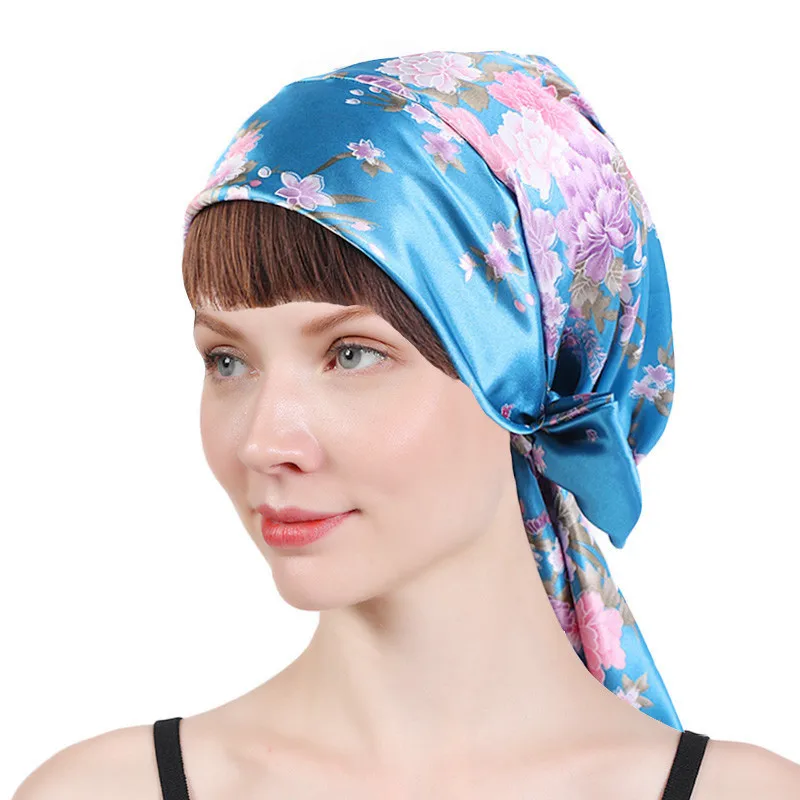 

GTOP Print Satin Sleep Bonnet With Tie Curly Hair Wrap Head Scarf Head Wrap Bowknot Bandana Print Hijab Turban For Women 226