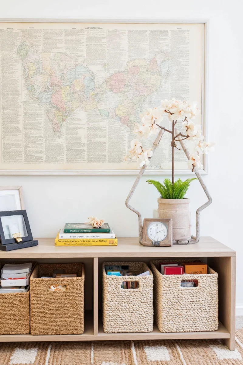 Family room with dictionary art on walls