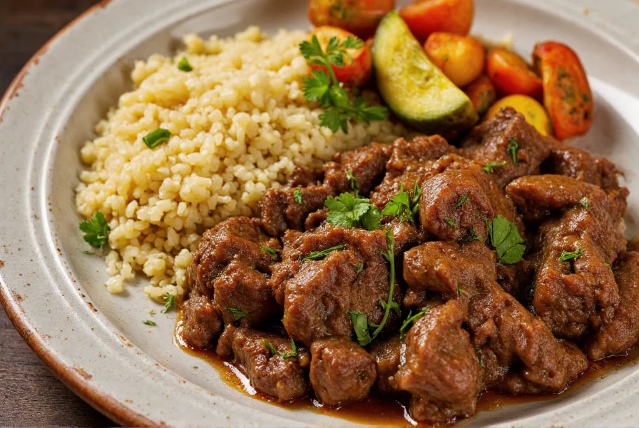 Plated cumin lamb with couscous, roasted vegetables, and fresh herbs on rustic ceramic dish