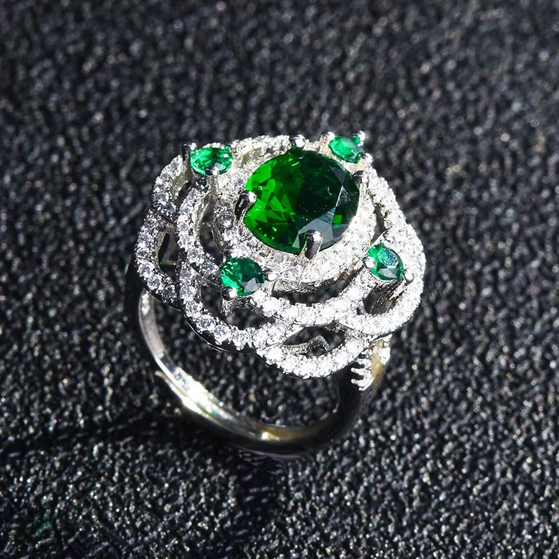 

Luxury Jewelry Exaggeration Flower Rings Inlay Green Crystal Zircon Charm Women Wedding Party High Grade Ring Valentine's Gift, Customized color
