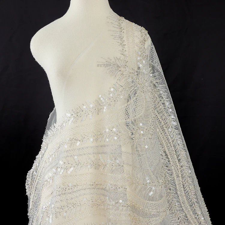 

QC025 2021 bridal crepe chiffon fabric by the yard sequin fabric embroidery lace dress fabric