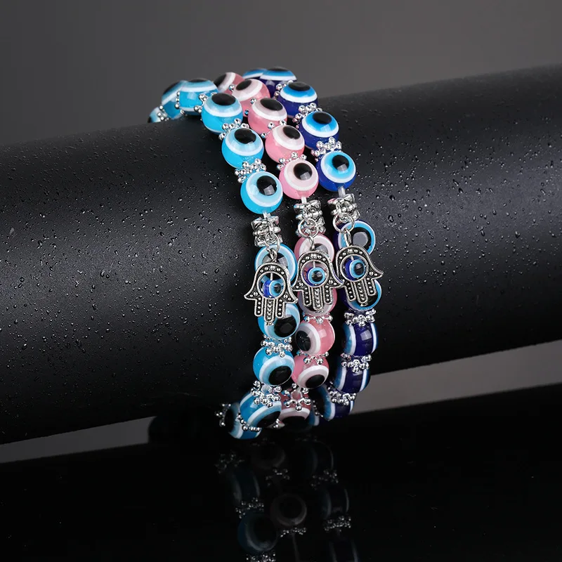 

Amazon Best Selling Navy Blue Resin Beads Bracelet Turkey Evil Eyes Palm Beaded Bracelets For Women Men