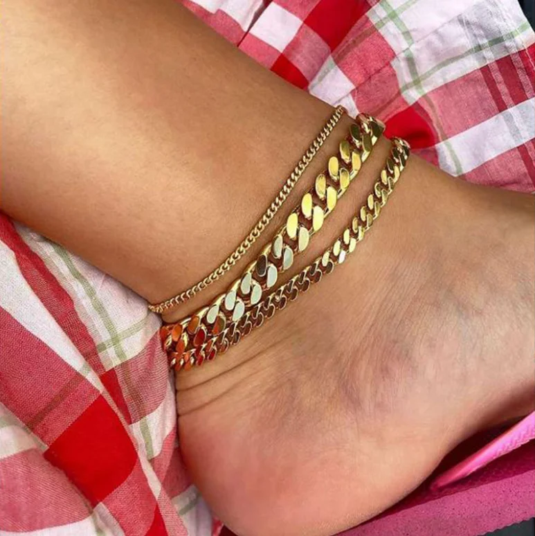 

European Fashion Anklet Hip-hop Personality Cuban Chain Anklet 18K Gold Stainless Steel Anklet Jewelry