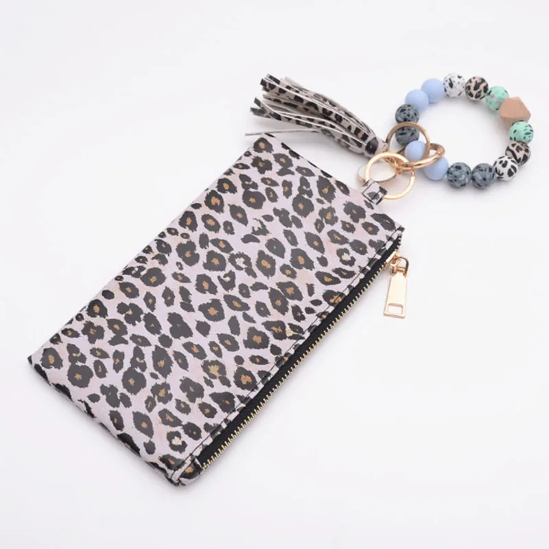 

Bride Gift Wholesale Women PU Leopard Long Clutch Bangle Tassel Keychins Wrislet Bag, Customized