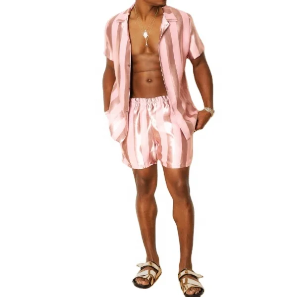 

men's polyster silk touch spring & summer stripe top and short home base home dress set, Customized colors