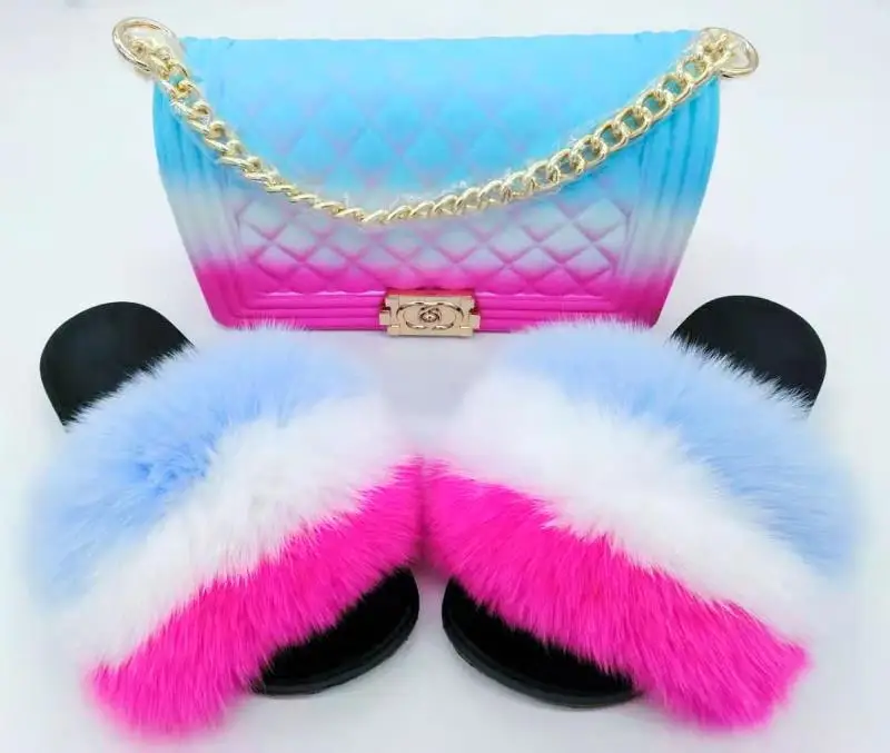 

Factory wholesale pvc slides ladies raccoon fur slippers women soft real fox fur slides, Customized color