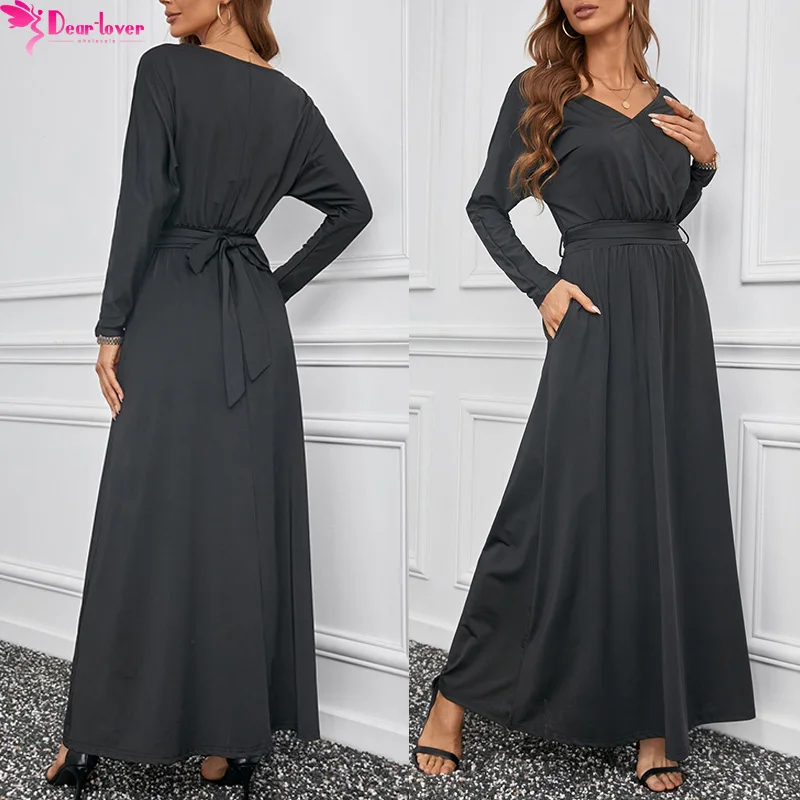 

2022 Vestido High Quality Ladies Black V Neck Batwing Long Sleeve Ladies Maxi Dress