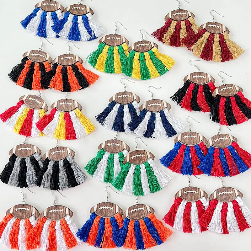 

Classic Women's Sports Earrings Knitted Cotton with Tassel Wooden Earrings for Rugby Football and Parties Wedding Events