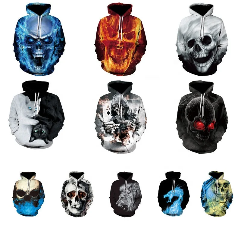 

Spring 2021 ghost skull cat wolf 3D digital print graphic hoodies unisex custom pullover men hoodie