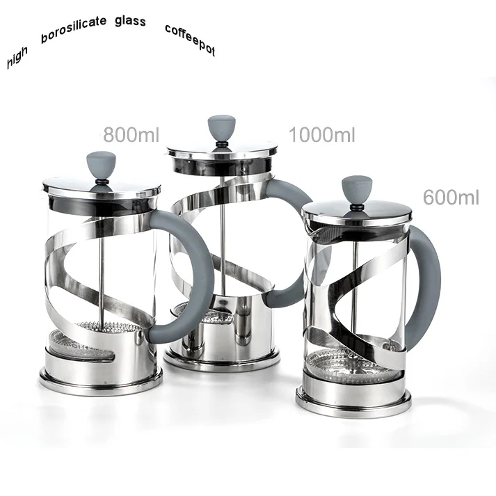 

High borosilicate glass portable coffee pot stainless steel thermal french press coffee maker, Grey