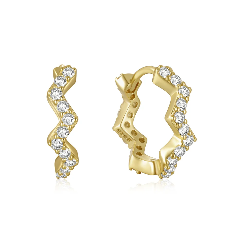 

NEW fashion 925 sterling silver earrings single row wave shaped zircon gold plated ear buckle hoop earrings women