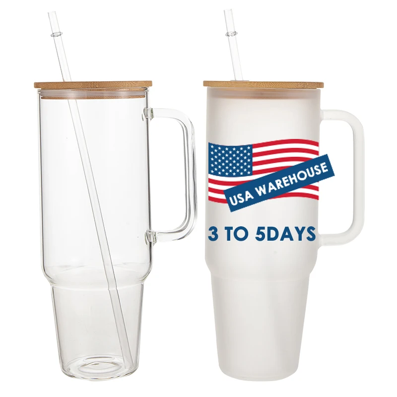 

USA Warehouse Custom Print Sublimation Blank Vinyl 40oz Outdoor Travel Coffee Glass Cup Tumbler Mugs with Handle and Bamboo Lid