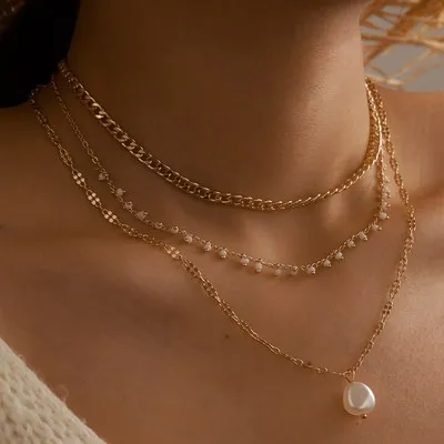 

Simple Gold Plated Cross Chain Pearl Pendant Necklaces Multilayer Chain Pearl Tassel Necklace For Women