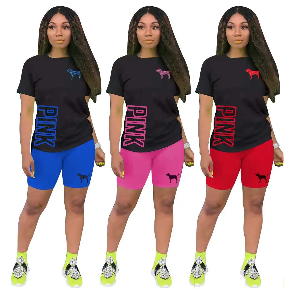 

2021 New Arrivlas Summer Short Sleeve 2 Piece Shorts Set for Women Biker Short Set, Red, pink, blue