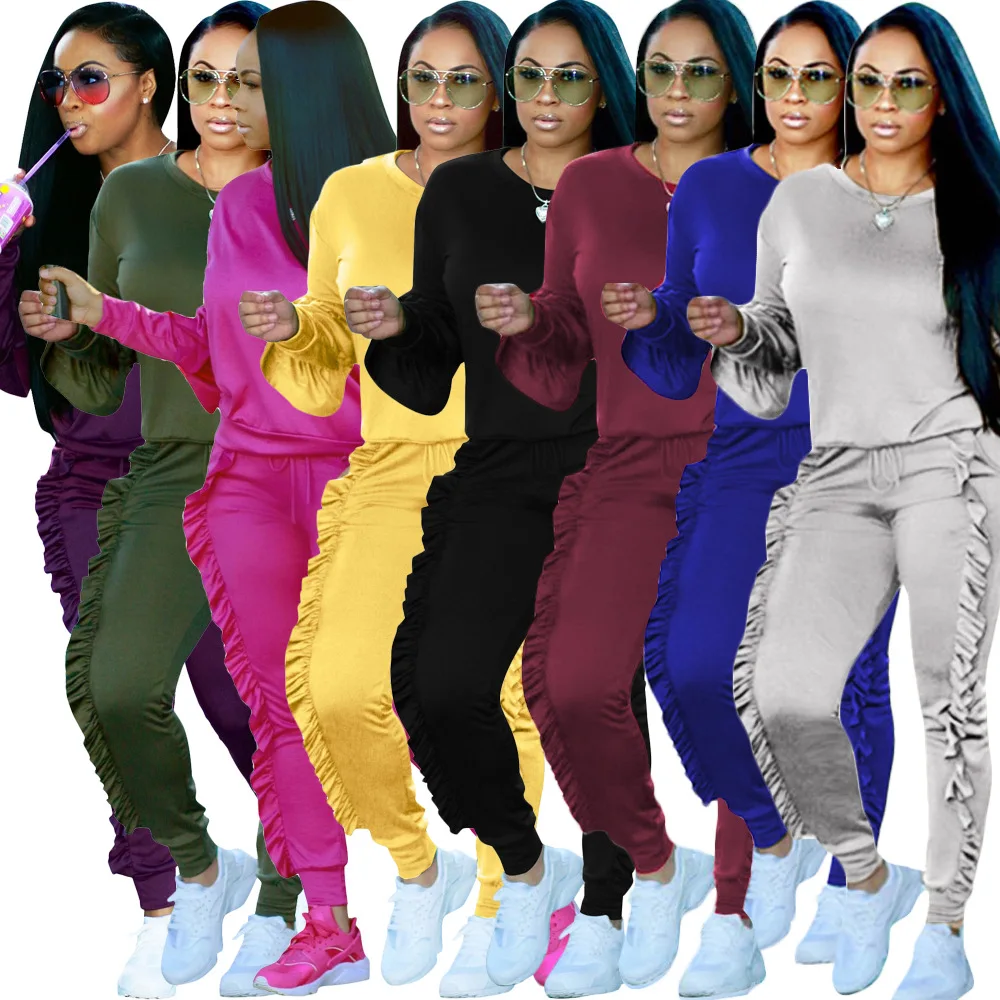 

2021 New Arrivals Women Clothes Solid Color Tracksuit Sweatsuit Winter 2 Piece Pants Sets Two Piece Women Set, Customized color