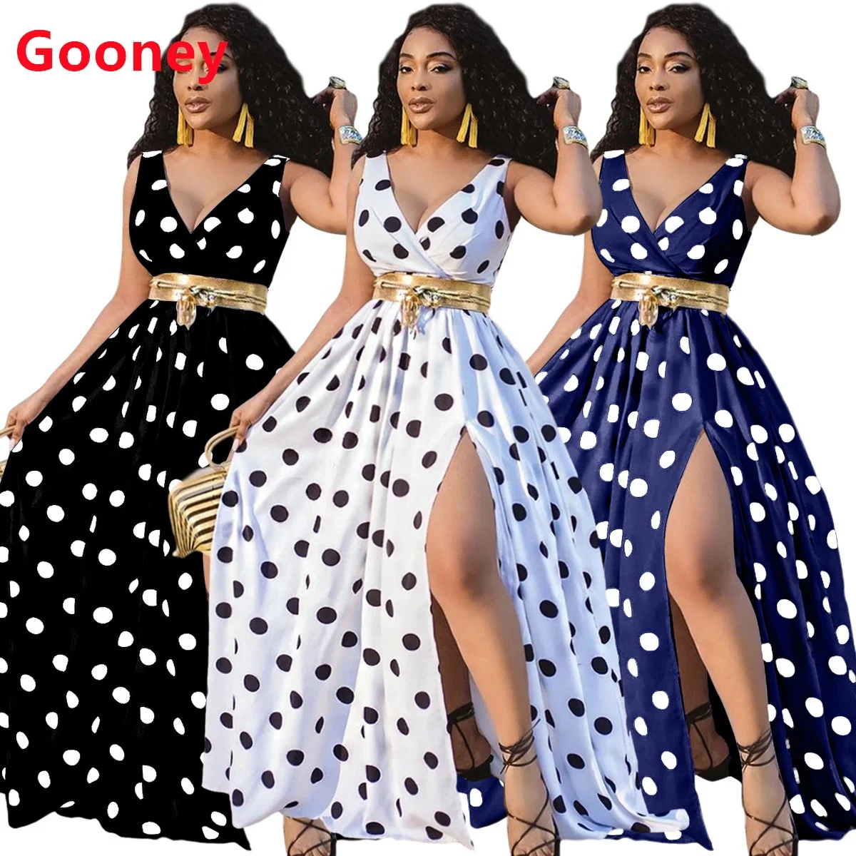 

2021 hot sale summer casual women's long dresses polka dots split elegant slim ladies high waist beach v-neck dress for women, Customized color