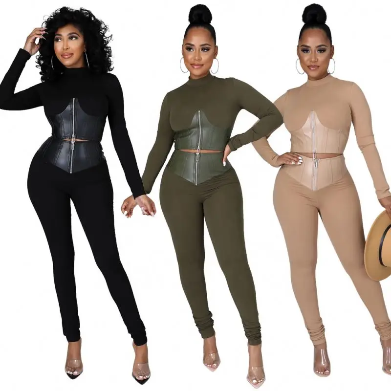 

fashionable women jogger sets wholesale 2021 sexy two pieces outfit plain patchwork plus size women's sets with zipper