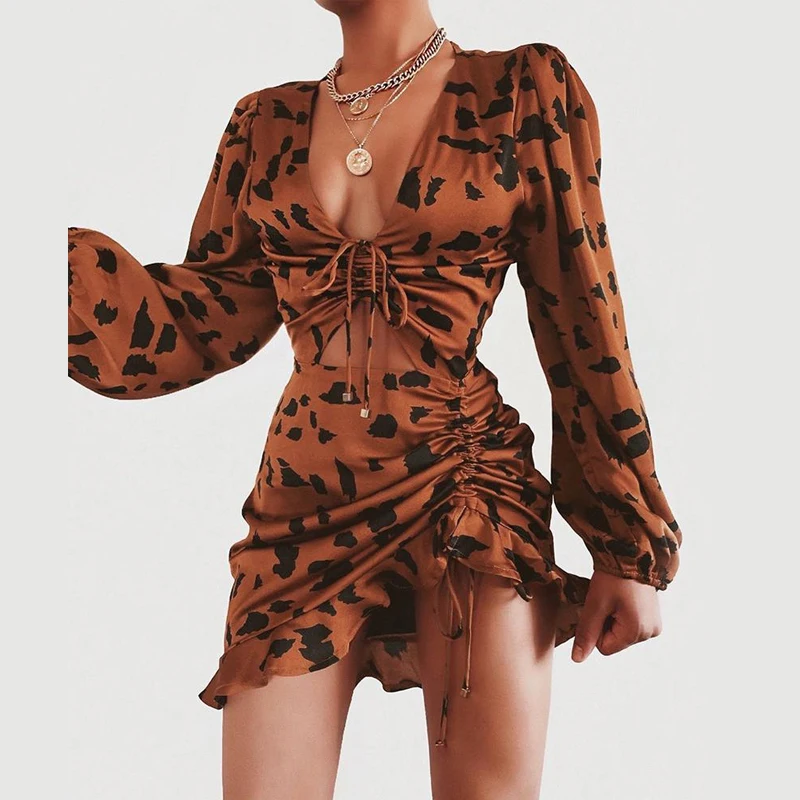 

High Fashion Summer Casual Leopard Drawstring Design Ruffles Dress