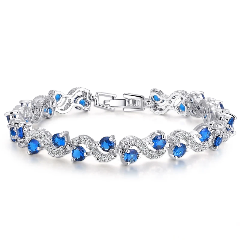 Popular Round Cubic Zirconia Paved Party Wedding Blue Tennis Bracelets for Women Luxury Jewelry Accessories