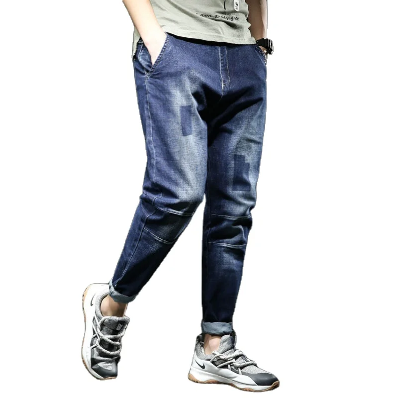 

2021 European And American New Loose Large Size Cotton Mid-waist Color Matching Small Feet Cropped Pants Men's Casual Jeans, Shown