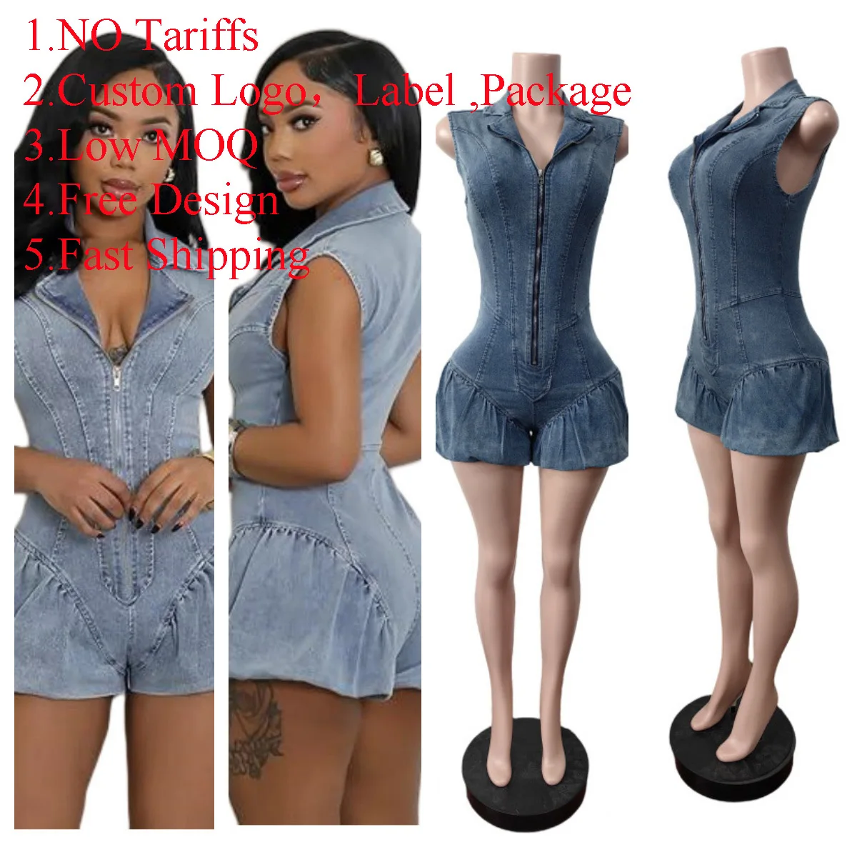 Denim Sleeveless Jumpsuit Lantern Shorts