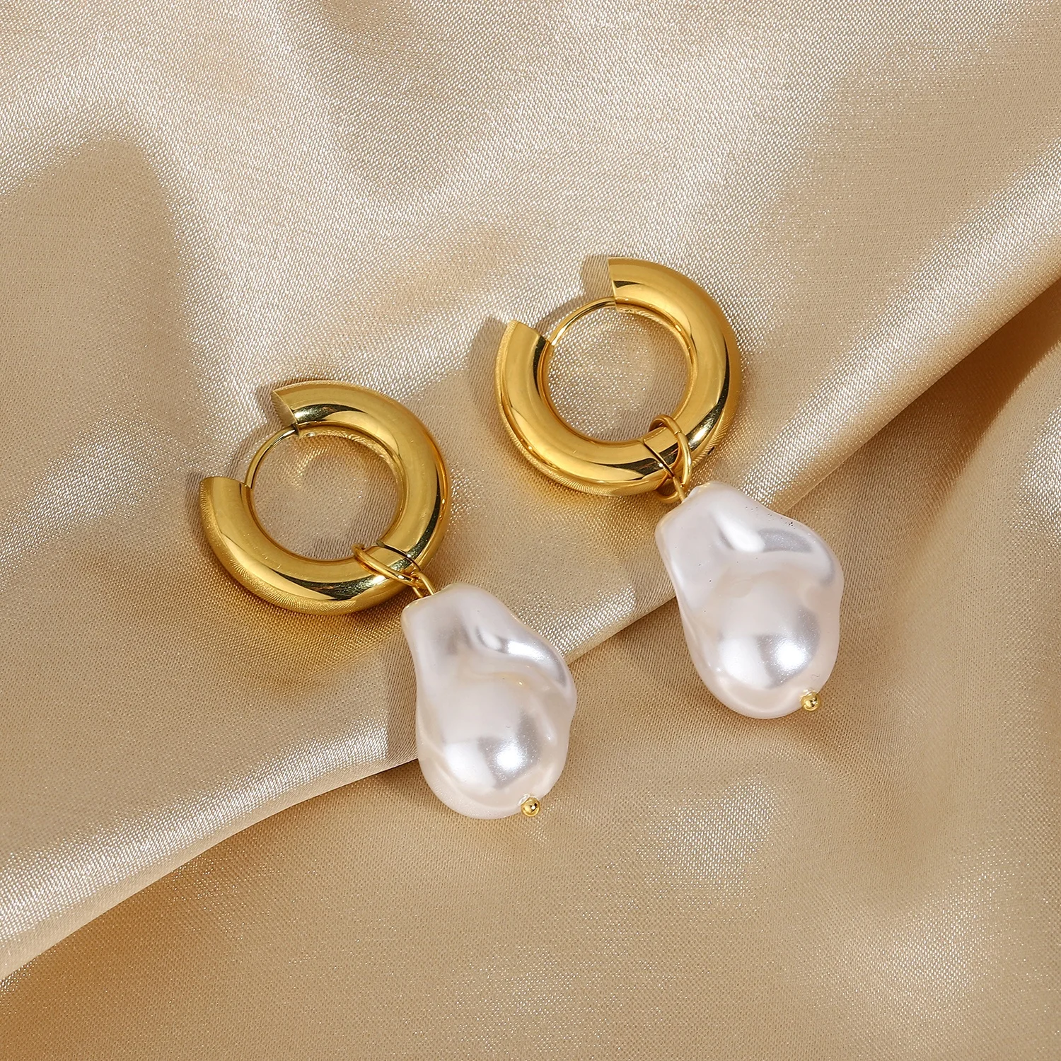 

French Style Big baroque Pearl Charm Earrings female Gold Plated Stainless steel Huggies earrings