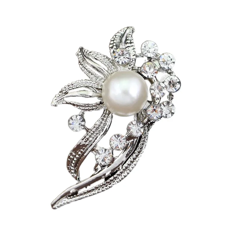 

Creative Appealing Big Simulated Pearl Rhinestone Flower Silver-color Brooches for Women Brooch Pins Jewelry