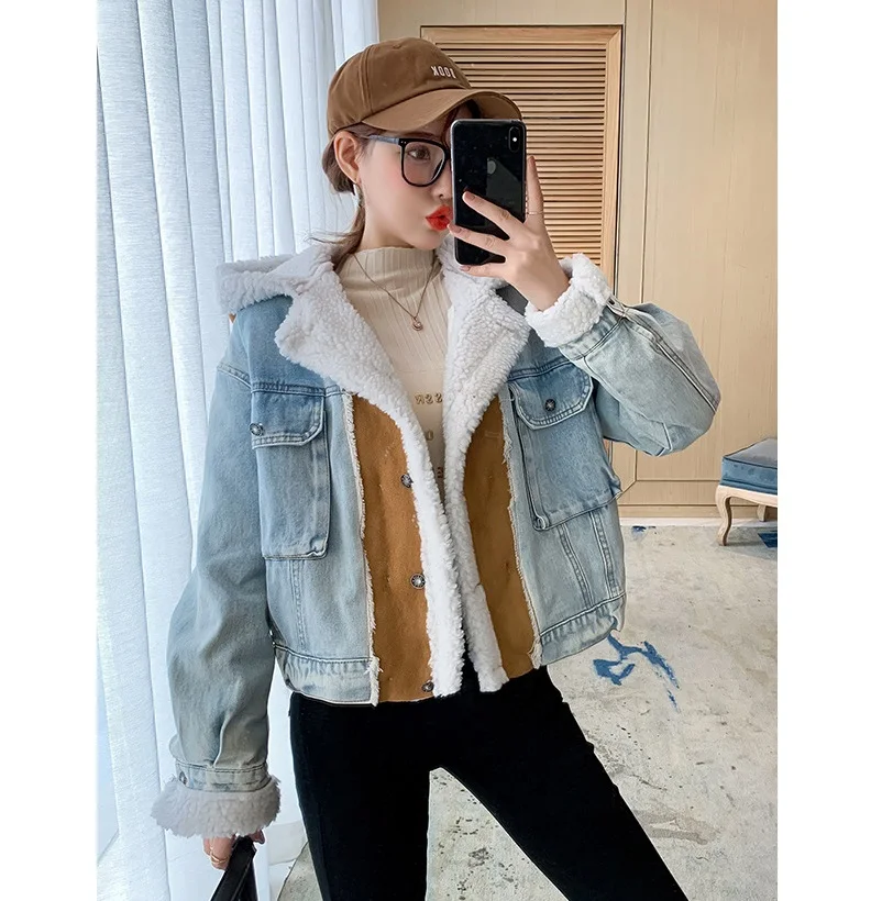 

In Stock 2021 New Ladies Clothing Wholesale New Lamb Hair Stitching Deerskin Velvet Denim Jacket Hooded Cotton Padded Jacket