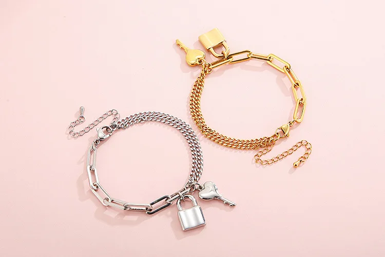 批发文字雕刻不锈钢锁和钥匙手镯女士时尚链条魅力手镯