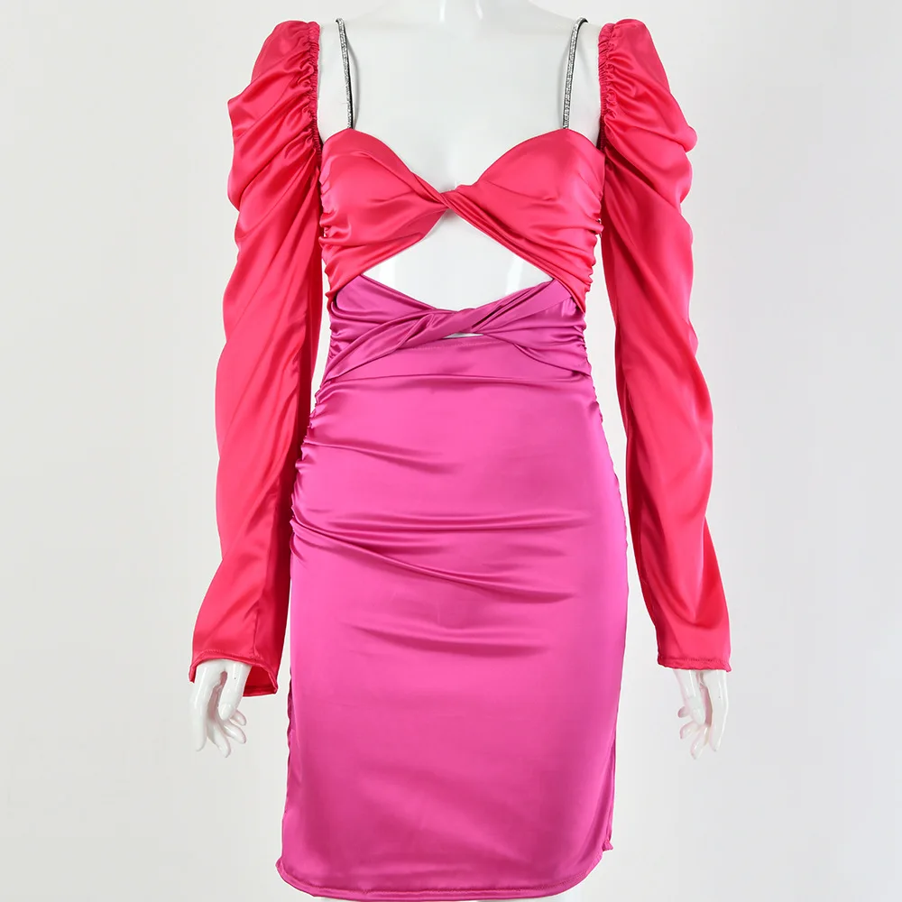 

2021 Summer new fashion women clothing satin midi dresses ladies long sleeve bandage hollow out sexy dress, Green,black,blue,rose