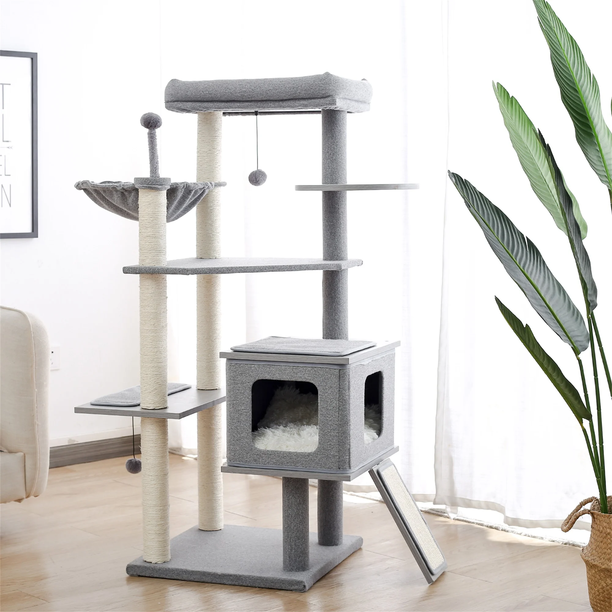 

Multi-Level 50 Inch Cat Tree for Large Cat with Scratching Post, Cozy Condo and Top Perch Grey