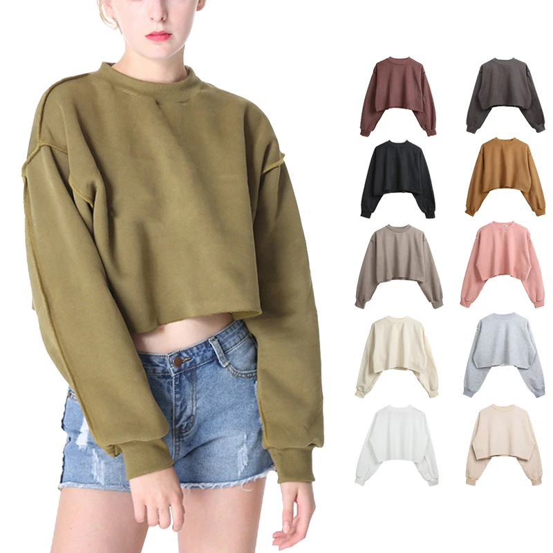 

Custom Women Blank Unbranded Edged Crop Top Crewnecks Sweatshirt Cotton French Terry Sweatshirt, Customized color