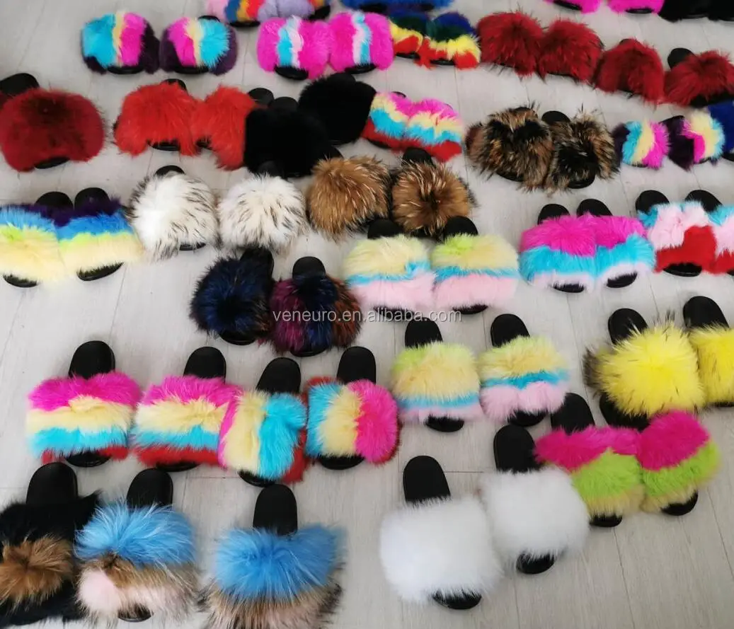 

New design PVC soles multi colors luxury rainbow colors real fox fur slides women and kids, Customized color