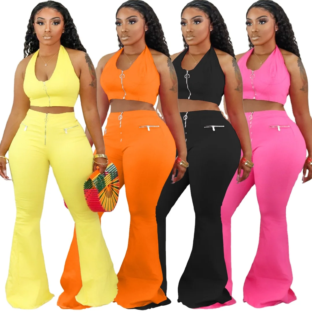 

Fashion 2 piece set women clothing 2021 two piece pants set casual home wear halter crop top and flare pants plus size, As picture