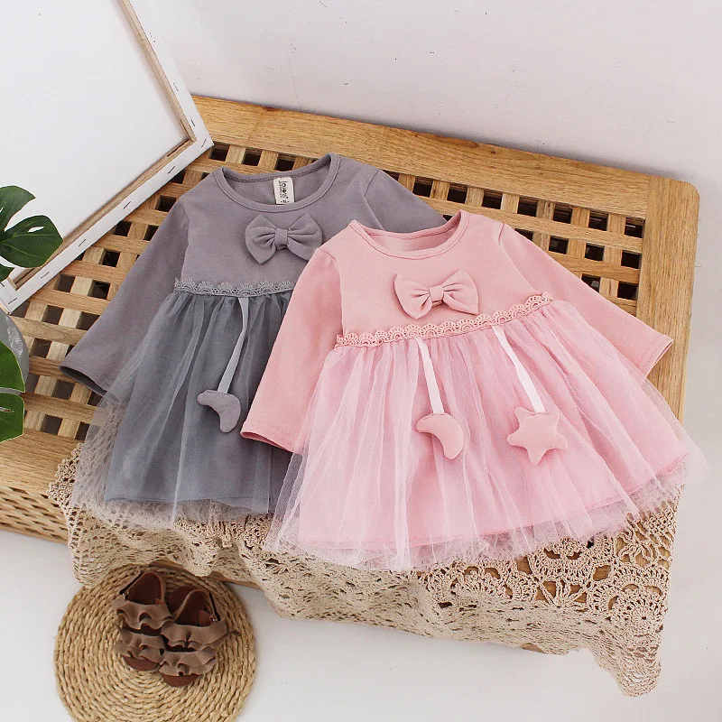 

Long-sleeved mesh patchwork skirt for newborn children clothes spring baby party girls dress 2020