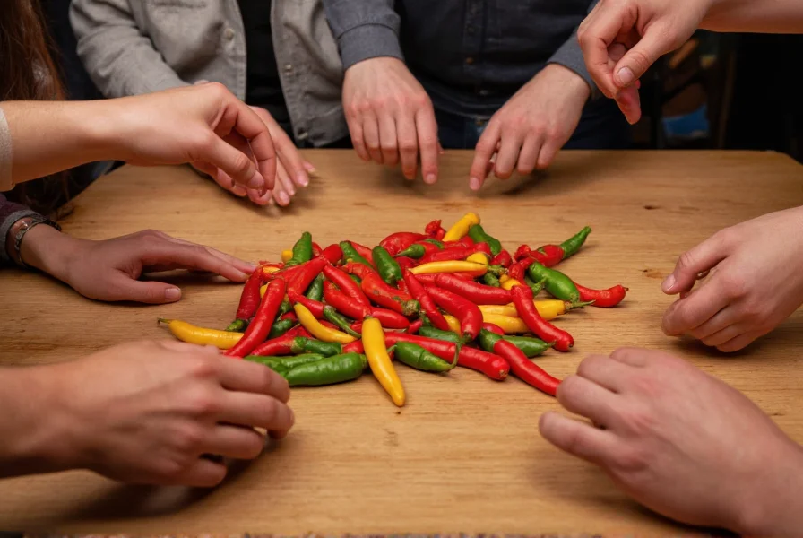 Group of friends playing chili pepper game with various pepper types arranged on table