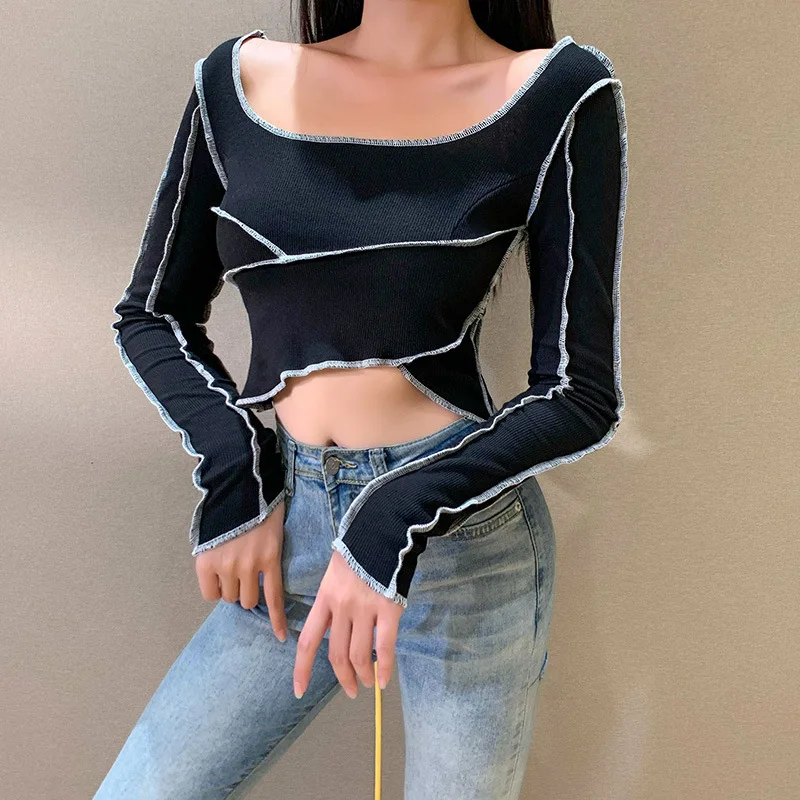 

2021 New Spring Sexy Women Solid Navel T Shirt Ladies Thread Long Sleeve Top Women Clothing Short Top