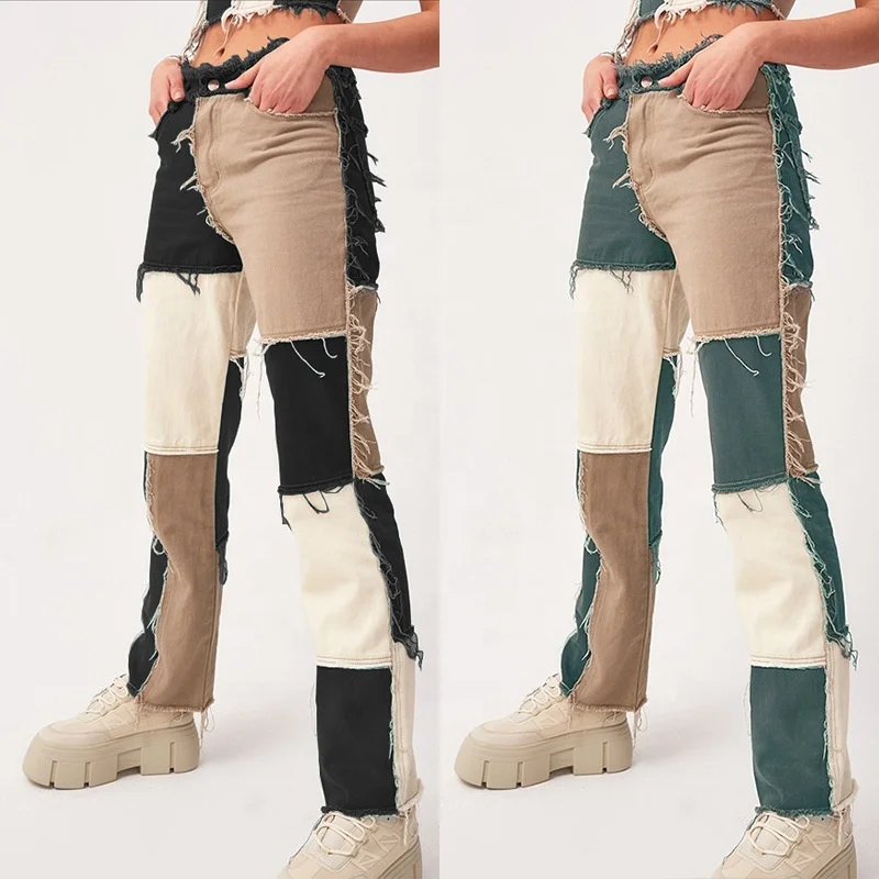 

2022 Hot Sale Fashion casual denim trousers Patchwork slim pants patch high waist straight jeans women