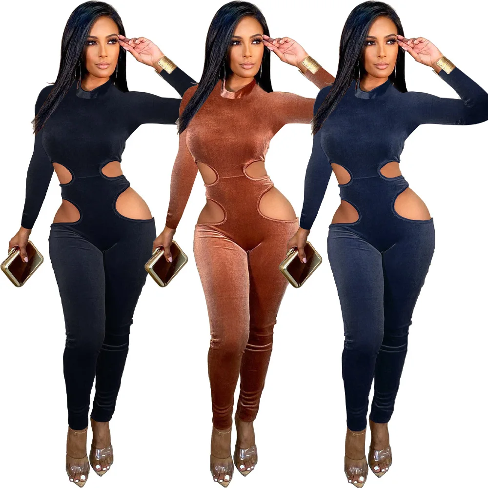 

Winter Coming Women Velour Solid Color Jumpsuit With Holes Cutouts Velvet Slim Jumpsuits