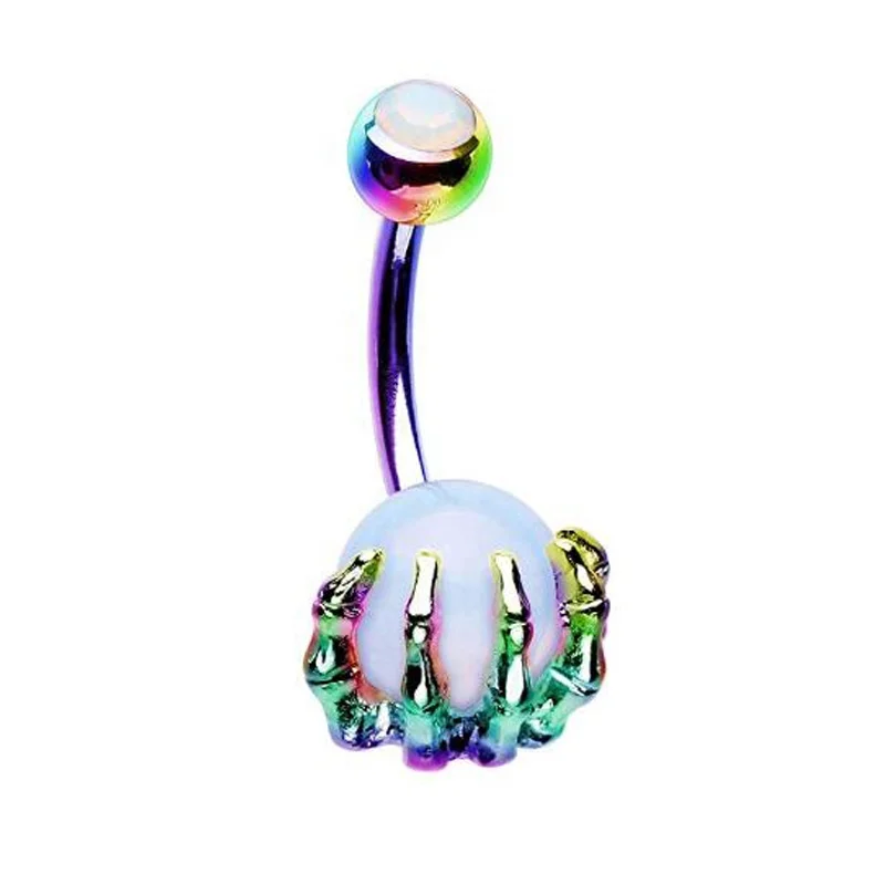 

Toposh 14G Stainless Steel Belly Bars Skull Hand with Gem Ball Fixed navel Belly Button Rings piercing jewelry, Different color