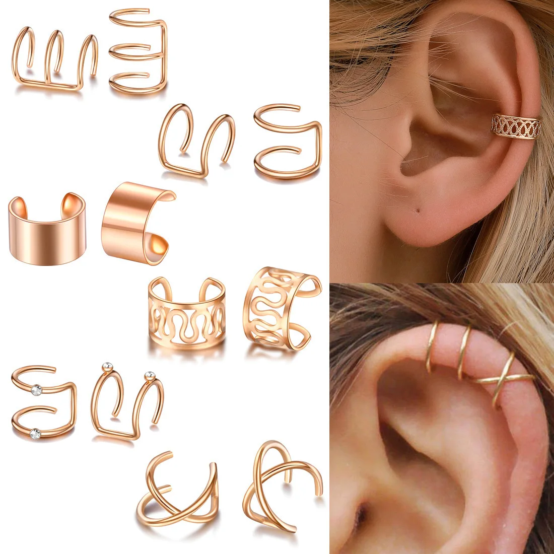 

12pcs Bohemian Gold Color Ear Cuffs Leaf Clip Earrings For Women Climbers No Piercing Simple Cartilage Earring Accessories