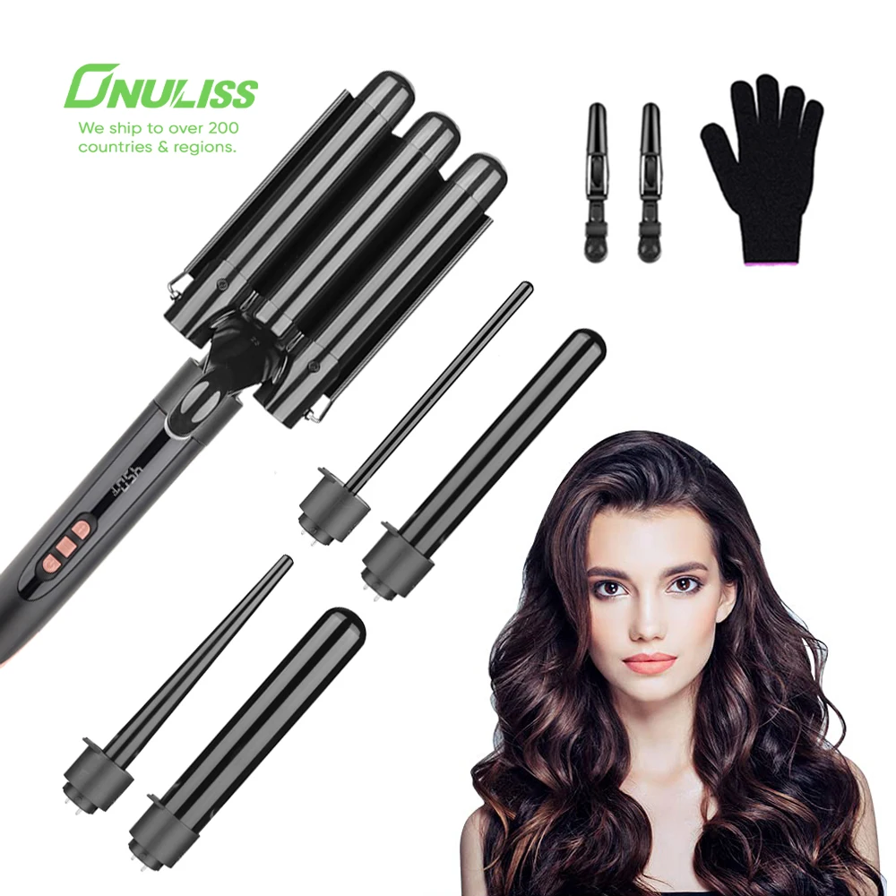 

5 in 1 Curling Iron Wand Set Black Curling Wand 0.5 to 1.25 Inch Interchangeable Ceramic Barrels Hair Curler