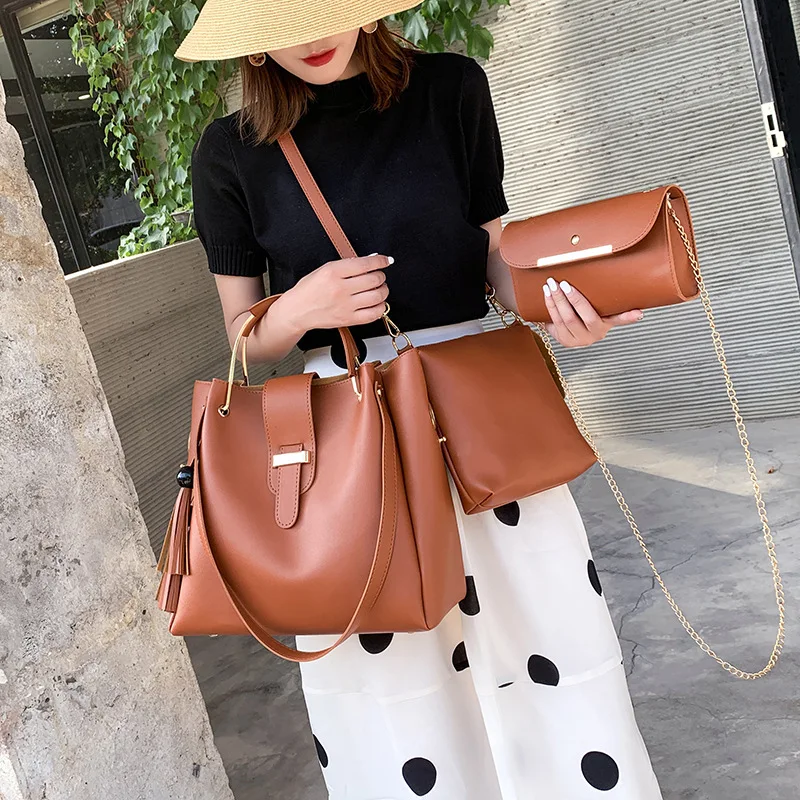 

Fashion Bulk Exporter PU Tote Bag With Tassel Leather Ladies Handbag 3pcs Set for Women, 6 colors