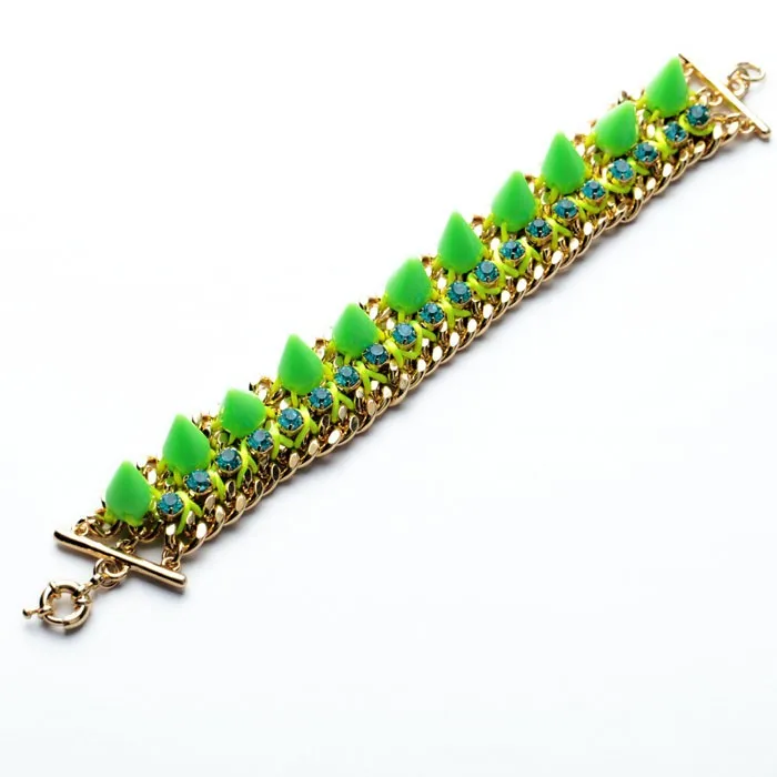 

sl00221 2020 Chic Style Summer Jewelry Punk Green Acrylic Bracelets Cone Woven Gold Chunky Bracelet, As picture