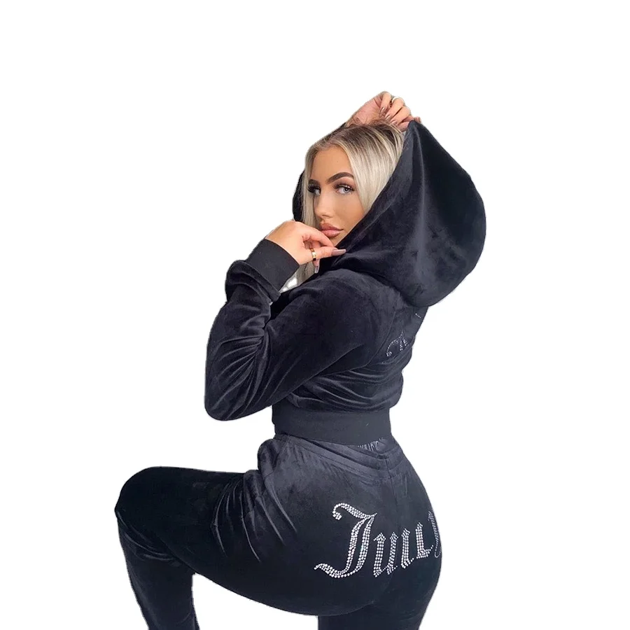 

K21S06766 Workout Rhinestone Velvet Hoodie Zip Up Sweatshirt High Waist Pant Casual Tracksuit Women Two Piece Jogging Suit