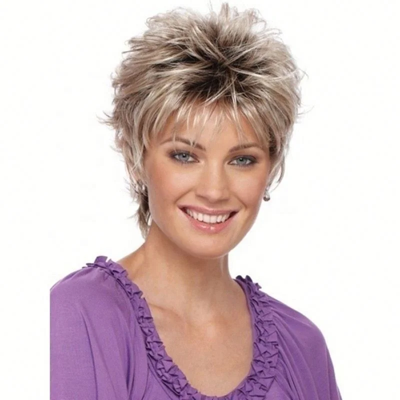 

Natural Fluffy Realistic Gradient Color Elderly Women Short Curly Hair Synthetic Wig For Women, Pics