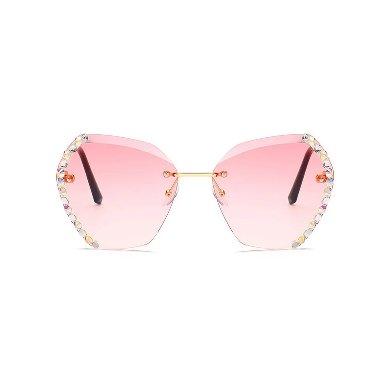 

Newest Vintage Custom Logo Fashion Metal Oversized Rimless Rhinestone Sunglasses 2021 Women